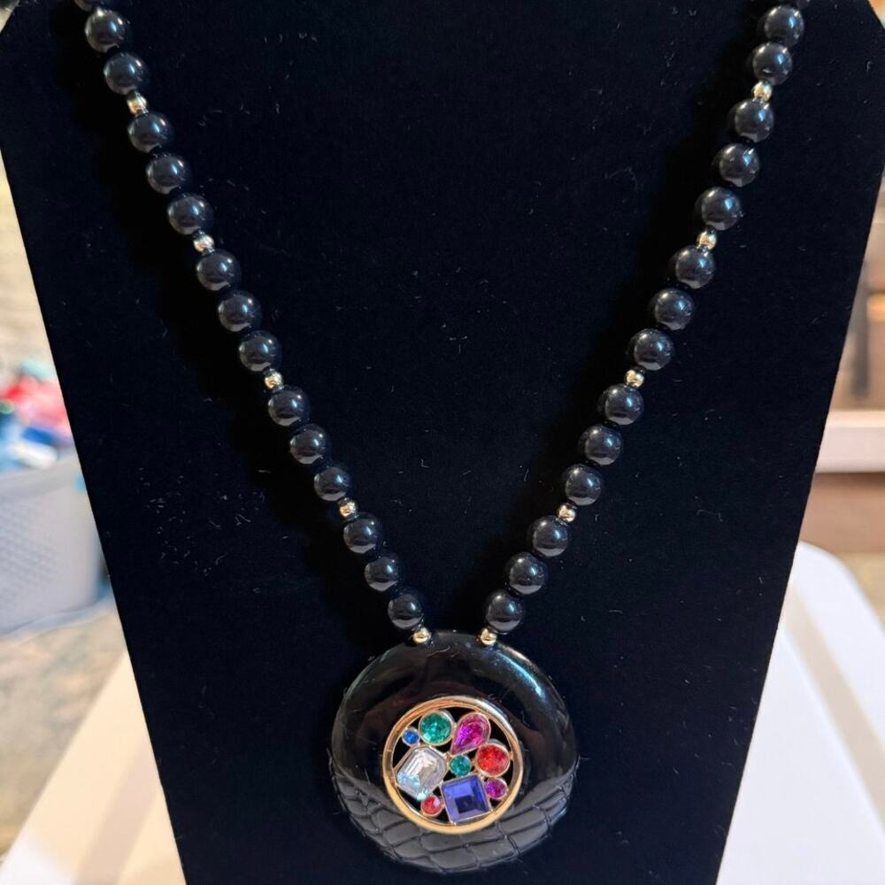 Vintage 80s Black Resin Encrusted Rhinestone Necklace